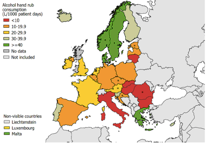 Percentuale di utilizzo di disinfettanti per le mani in ambiente ospedaliero in Europa